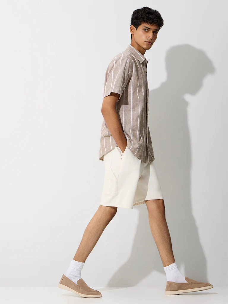 WES Casuals Dusty Taupe Striped Relaxed-Fit Cotton-Blend Shirt